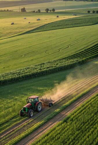 Tracteur dans un champ de soja bio français — sourcing et traçabilité French Protein Isolate