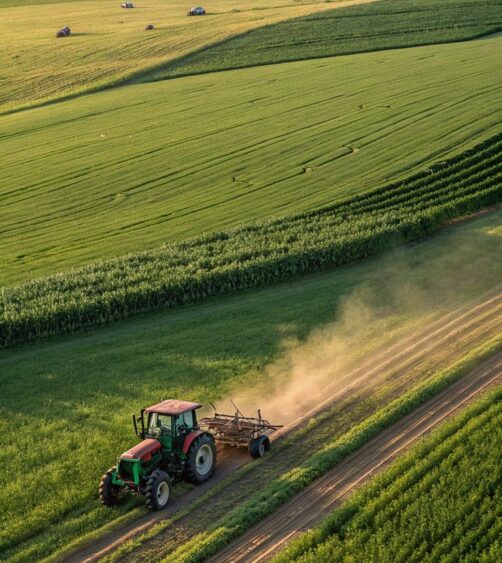 Tracteur dans un champ de soja bio français — sourcing et traçabilité French Protein Isolate